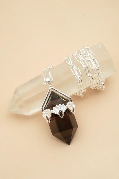 Smoky Quartz Fantail Necklace - Silver