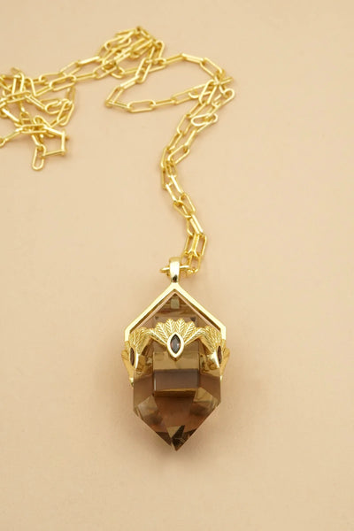 Smoky Quartz Fantail Necklace - Gold