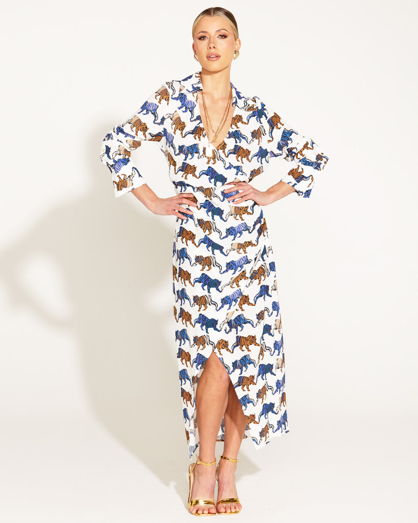 Queen Of The Jungle Fitted Faux Wrap Midi Dress - Blue/Brown Tiger Print
