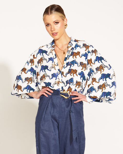 Queen Of The Jungle Balloon-Sleeve Oversized Shirt - Blue/Brown Tiger Print