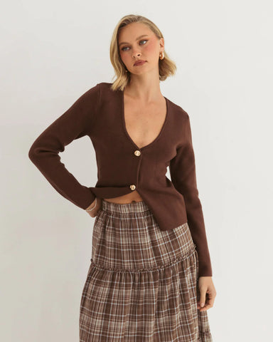 BROWN GOLD-BUTTON CARDIGAN
