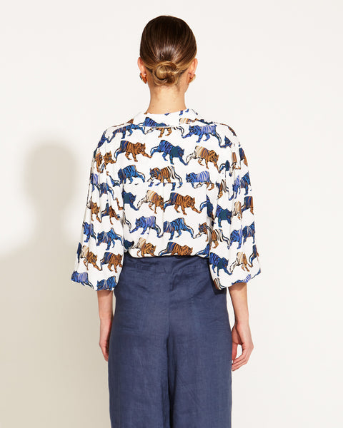 Queen Of The Jungle Balloon-Sleeve Oversized Shirt - Blue/Brown Tiger Print
