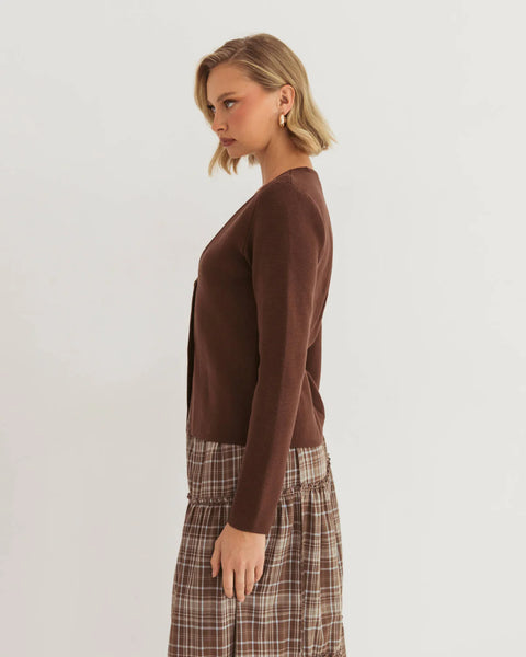 BROWN GOLD-BUTTON CARDIGAN