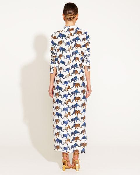 Queen Of The Jungle Fitted Faux Wrap Midi Dress - Blue/Brown Tiger Print